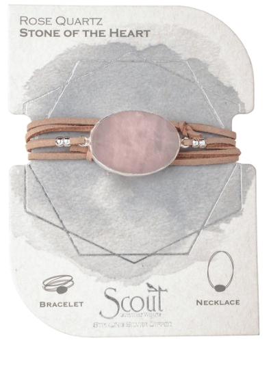 Suede Stone Wrap - Rose Quartz / Silver /Stone of the Heart  - Bracelet/Necklace