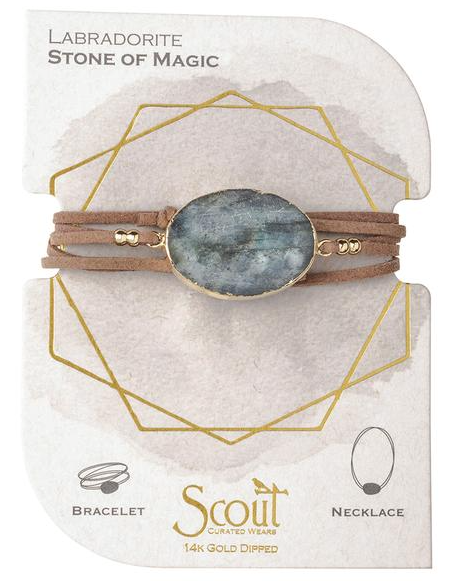 Suede Stone Wrap - Labradorite / Gold / Stone of Magic  - Bracelet/Necklace